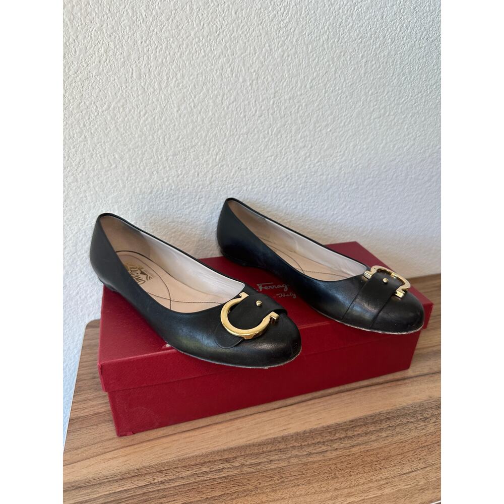 Salvatore Ferragamo Vintage Black Leather Flats with Gold Gancini Buckle